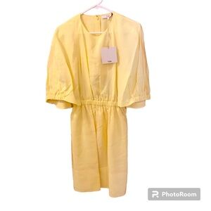 Tibi Gemma Viscose Shirred Waist Short Cape Dress, Yellow, Size 4, NWT.